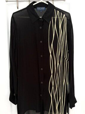 Michel Antoni Black Semi Sheer Button-up Blouse Fabric Made in Italy Size 14